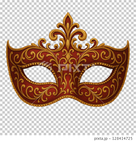 Decorative Masquerade Mask With Ornate Patterns in Red and Gold Colors Displayed Against a White Background Decorative Masquerade Mask With Ornate Patterns in Red and Gold Colors Displayed Against a White Background 128414725