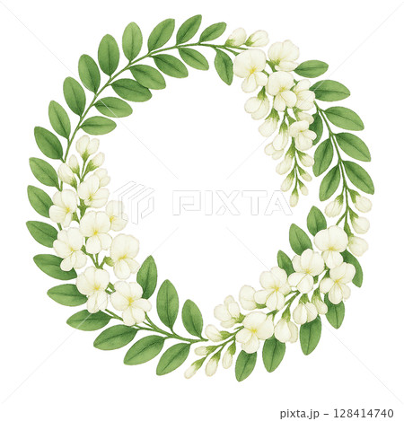 Elegant Floral Wreath Design With White Flowers and Green Leaves for Decoration or Craft Projects 128414740
