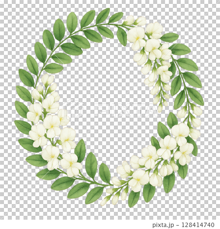 Elegant Floral Wreath Design With White Flowers and Green Leaves for Decoration or Craft Projects 128414740