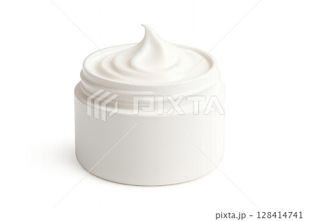 Whipped Cream in a Small White Container With a Soft Peak on Top Placed Against a Plain Background 128414741