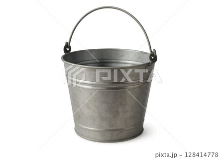 Silver Metal Bucket on a White Background for Rustic Decor or Gardening 128414778