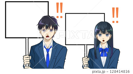 プラカードで訴える高校生または中学生の男女のアニメ風イラスト、白バック 128414816
