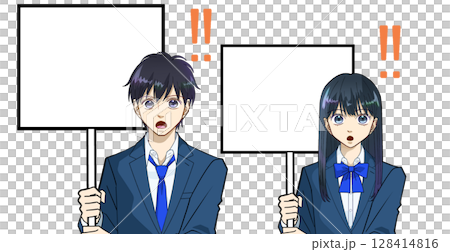 プラカードで訴える高校生または中学生の男女のアニメ風イラスト、白バック 128414816