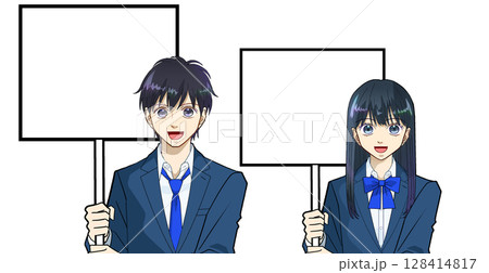 笑顔でプラカードを持つ高校生または中学生の男女のアニメ風イラスト、白バック 128414817