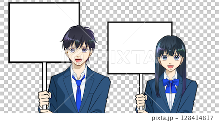 笑顔でプラカードを持つ高校生または中学生の男女のアニメ風イラスト、白バック 128414817