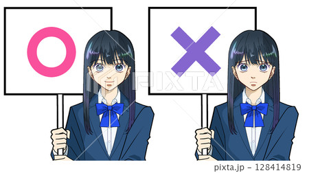 ○✕プラカードを持つ高校生または中学生の女の子のアニメ風イラスト、白バック 128414819