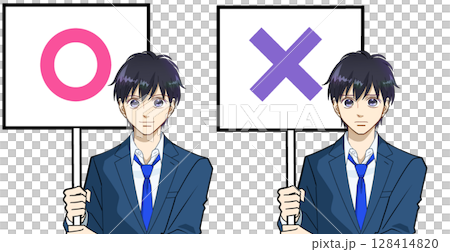 ○✕プラカードを持つ高校生または中学生の男の子のアニメ風イラスト、白バック 128414820