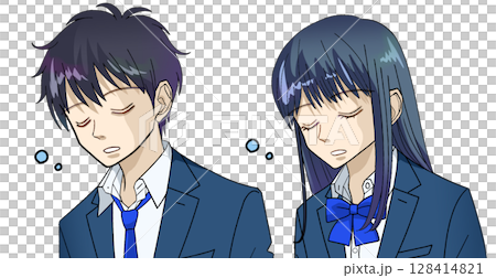 居眠り、うたた寝する高校生または中学生の男女のアニメ風イラスト、白バック 128414821