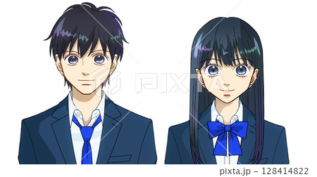 笑顔の高校生または中学生の男女のアニメ風イラスト、白バック 128414822