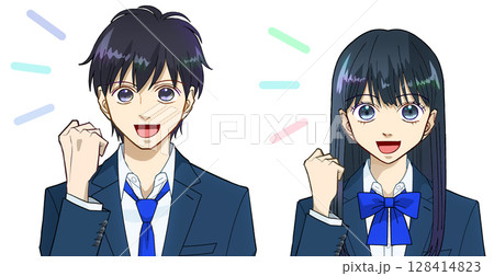 笑顔でガッツポーズをする高校生または中学生の男女のアニメ風イラスト、白バック 笑顔でガッツポーズをする高校生または中学生の男女のアニメ風イラスト、白バック 128414823