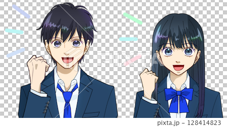 動漫風格的插圖,描繪了一位高中或初中男生和女生微笑著舉起拳頭,白色背景 動漫風格的插圖,描繪了一位高中或初中男生和女生微笑著舉起拳頭,白色背景 128414823