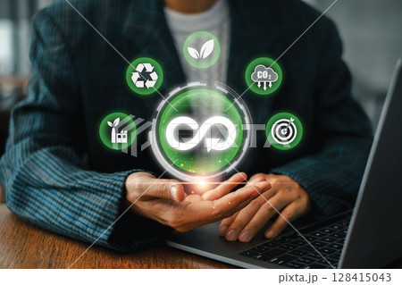 Visual representation of the circular economy with sustainability icons, highlighting eco-friendly and renewable business practices. 128415043
