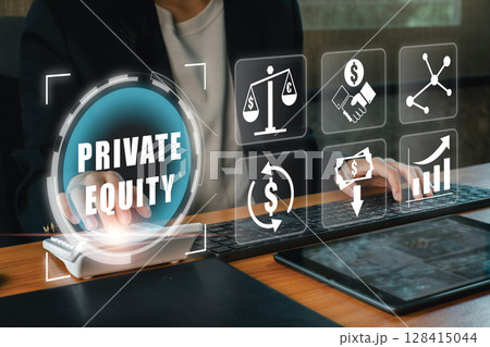 Conceptual image of private equity with financial symbols, showcasing investment strategies and business growth. 128415044