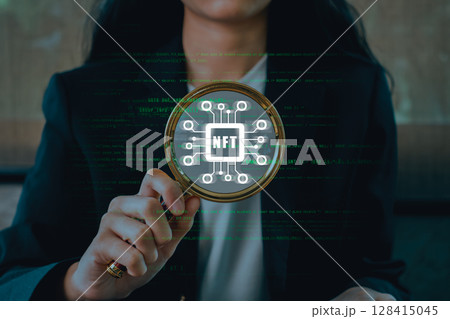 Explore the digital world of NFTs with this futuristic concept showcasing blockchain and cryptocurrency innovation. 128415045