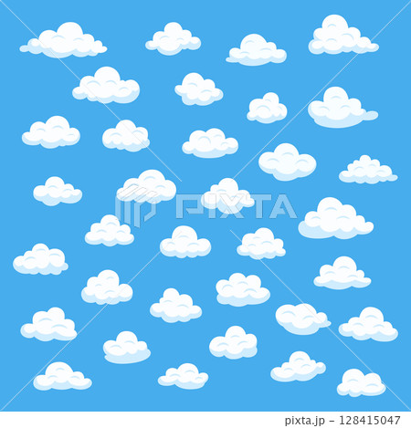 Flat Cartoon Cloud Vector Set. Cute Cloud Icon Collection. Simple Vector Cartoon Clouds for Weather Design. Cloud Clipart for Baby, Kids, Children, Sky Illustration 128415047