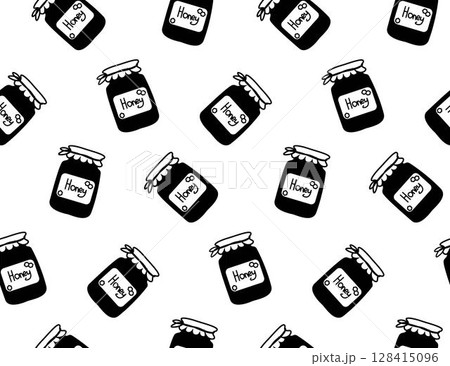 Honey Jar seamless pattern. Vector graphic line illustration. Perfect for cards, decorations, stickers, logo, menu, various designs. For logo, web, package, sticker. Honey Jar seamless pattern. Vector graphic line illustration. Perfect for cards, decorations, stickers, logo, menu, various designs. For logo, web, package, sticker. 128415096