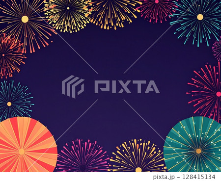 夜空に咲く花火のフレーム素材 128415134