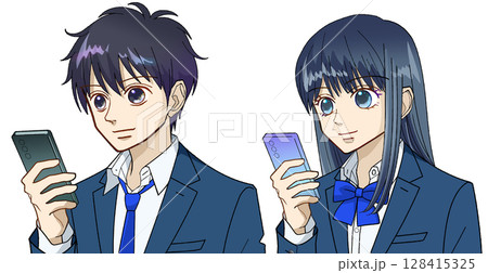 スマホを使う高校生または中学生の男女のアニメ風イラスト、白バック 128415325