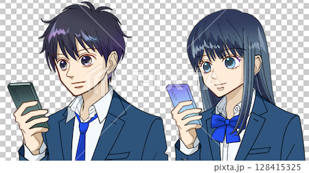 スマホを使う高校生または中学生の男女のアニメ風イラスト、白バック 128415325