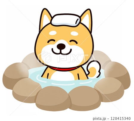 温泉に気持ちよく浸かっているしばいぬ 128415340