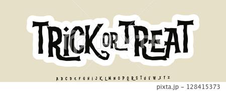 Trick or Treat Lettering Phrase Rough spooky typography with gothic and distorted letters for Halloween, party invites, seasonal greetings, stickers, posters. Vector illustration Trick or Treat Lettering Phrase Rough spooky typography with gothic and distorted letters for Halloween, party invites, seasonal greetings, stickers, posters. Vector illustration 128415373