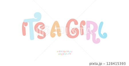 Playful pastel typography in soft rounded style. Decorative colorful lettering for cheerful messages, announcements, posters, cards, social media. Editable text layout. Vector illustration 128415393