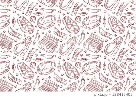 Seamless pattern with meat cut, bacon, ribs, steak, chili pepper garlic, onion and herb leaf in red line art style on white background. Ideal for butcher shop, packaging and culinary design theme. Seamless pattern with meat cut, bacon, ribs, steak, chili pepper garlic, onion and herb leaf in red line art style on white background. Ideal for butcher shop, packaging and culinary design theme. 128415403