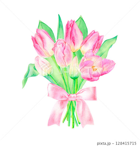 Watercolor hand drawn floral illustration. Festive bouquet of pink tulips with green leaves tied with a pink ribbon. Isolated on a white background.Suitable for design, printing, etc. 128415715