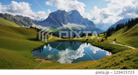 大自然の山と池の風景　AI生成画像 128415723