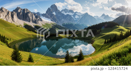 大自然の山と池の風景　AI生成画像 128415724