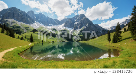 大自然の山と池の風景　AI生成画像 128415726