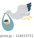 コウノトリが赤ちゃんを運ぶイラスト（出産・お祝い素材） 128415731