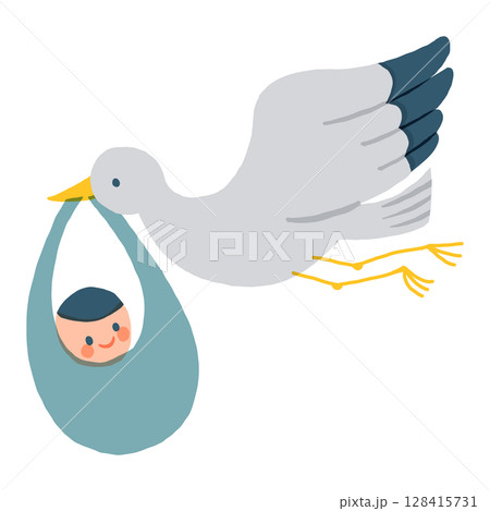 コウノトリが赤ちゃんを運ぶイラスト（出産・お祝い素材） 128415731