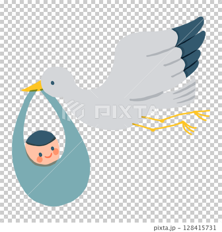 鸛叼著嬰兒的插圖（出生/慶祝材料） 128415731