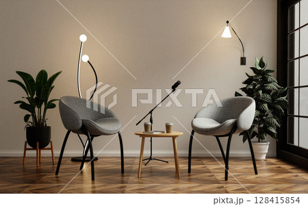 Podcast interior design featuring modern chairs and acoustic elements. 3D render illustration Podcast interior design featuring modern chairs and acoustic elements. 3D render illustration 128415854