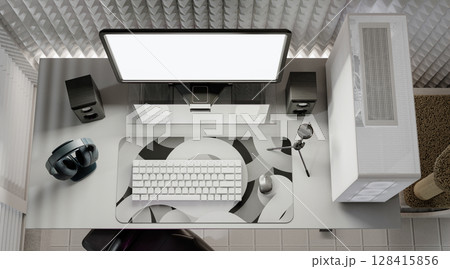 Streaming room modern workspace with high-tech equipment. 3D render illustration Streaming room modern workspace with high-tech equipment. 3D render illustration 128415856