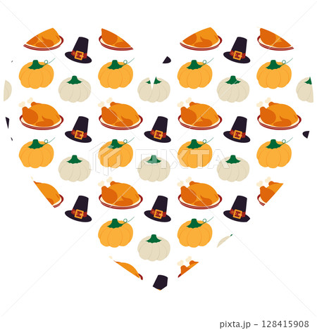 Roast Turkey on plate Orange and White Pumpkin Seamless Pattern Thanksgiving Heart Shape Background 128415908