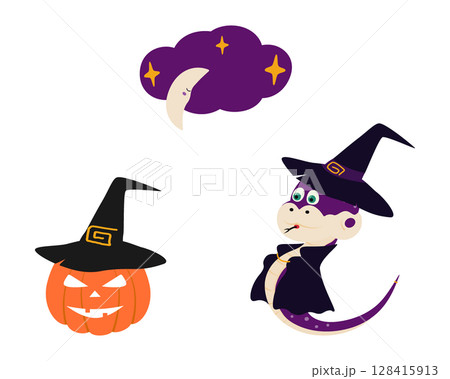 Halloween Pumpkin in Witch Hat Witch Snake in Black Cape and Crescent Cloud and Stars Halloween Set Halloween Pumpkin in Witch Hat Witch Snake in Black Cape and Crescent Cloud and Stars Halloween Set 128415913