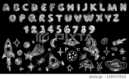 Astronaut and Planet Sketch with Crayon Font Astronaut and Planet Sketch with Crayon Font 128415918