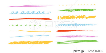 Crayon underline set, pencil wavy and straight chalk kid free hand brush texture. Scribble grunge border simple thin and thick lines. Doodle mark. 128416002