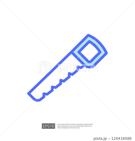Blue Outline of a Hand Saw Icon Illustrating Home Renovation and Woodworking Tool for Construction Projects 128416086