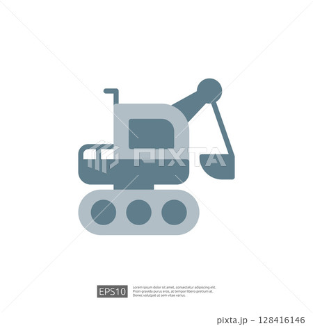 Icon of Excavator Construction Equipment for Home Renovation and Industrial Projects with Heavy Machinery on Construction Site Icon of Excavator Construction Equipment for Home Renovation and Industrial Projects with Heavy Machinery on Construction Site 128416146