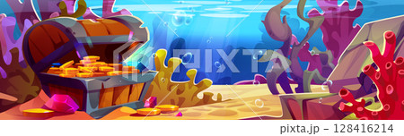 Cartoon underwater treasure scene Cartoon underwater treasure scene 128416214