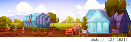 Cartoon garden landscape with greenhouses Cartoon garden landscape with greenhouses 128416215