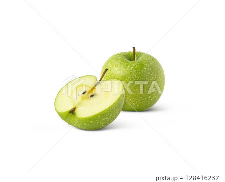 Whole juicy green apple and a cut in half isolated with water droplets 128416237
