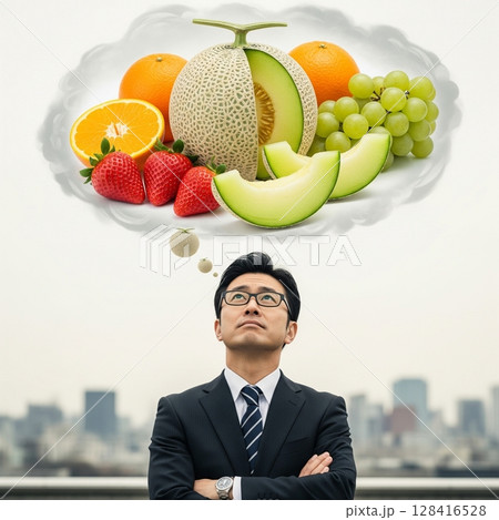 果物のことを考えるビジネスマンのイメージ ,フルーツ,果物,メロン,イチゴ,ブドウ,オレンジ, 果物のことを考えるビジネスマンのイメージ ,フルーツ,果物,メロン,イチゴ,ブドウ,オレンジ, 128416528