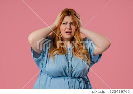 Plus size woman worried Confused, Forgot. Girl Feeling Sorrow, Regret, Failure Plus size woman worried Confused, Forgot. Girl Feeling Sorrow, Regret, Failure 128416766