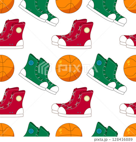 Seamless pattern with red and green sneakers and orange basketballs on white background. For back to school theme, school supplies, stationery, or sports and active lifestyle design, textile, wrapping 128416889