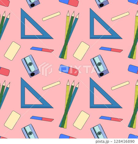 Seamless school supply pattern with pencils, sharpeners, erasers, and rulers. Vector illustration on pink background. For back to school theme, school supplies, stationery design, textile, wrapping. 128416890