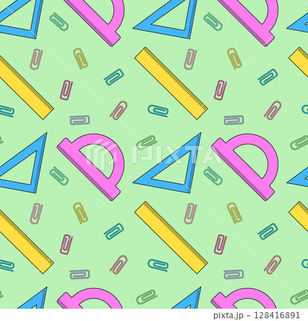 Seamless back to school pattern with ruler, protractor, triangle and paper clips. Vector illustration on green background. For school supplies or stationery design, textile print, wrapping paper. 128416891